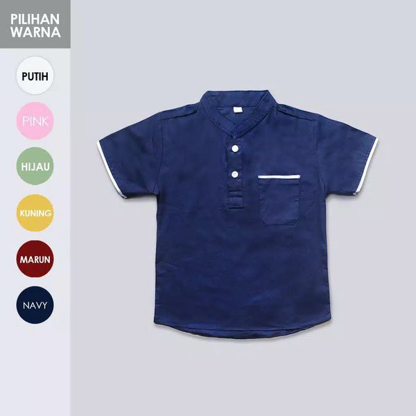Kemeja Koko Anak Lengan Pendek Kerah Shanghai Biru Navy Polos 1 - 8 Th