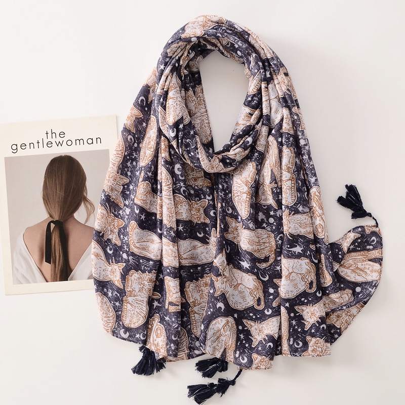 ITSFRIDAY HALA Scarf - Premium Pashmina Shawl Selendang Syal Pasmina Hijab Import Motif Cat Art Brown Navy Tassel