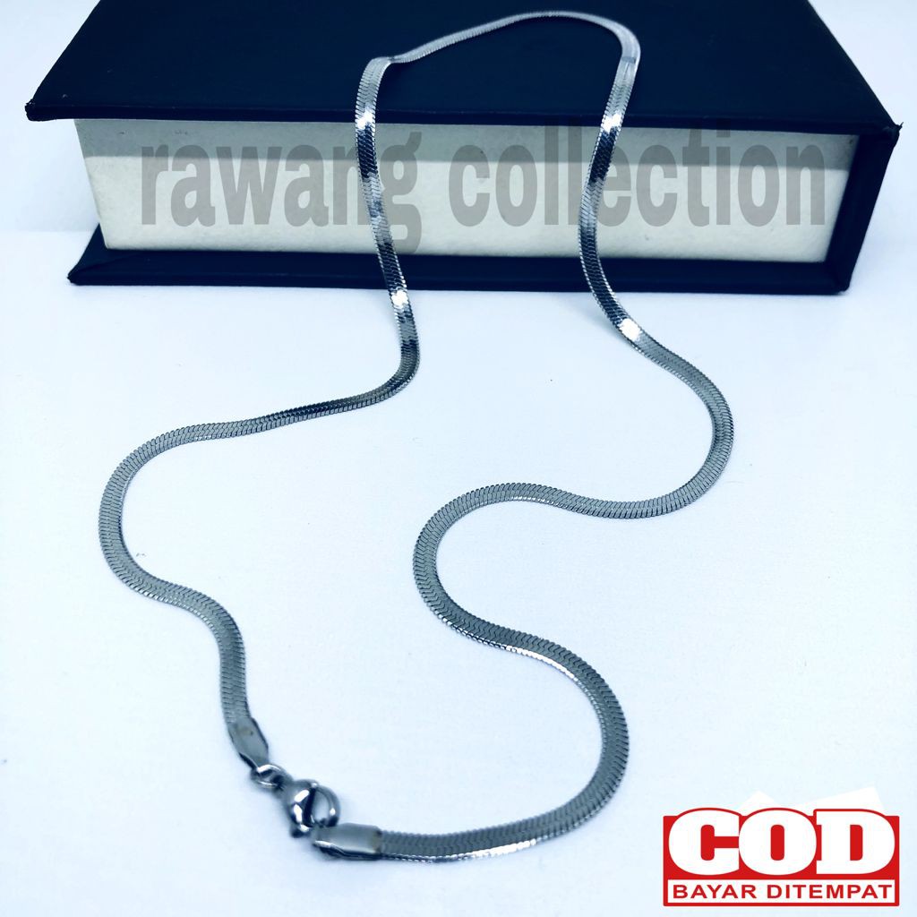 Kalung Titanium Pria Wanita Anti Karat Selamanya Silver/Gold/Hitam Pipih 45/50/60Cm