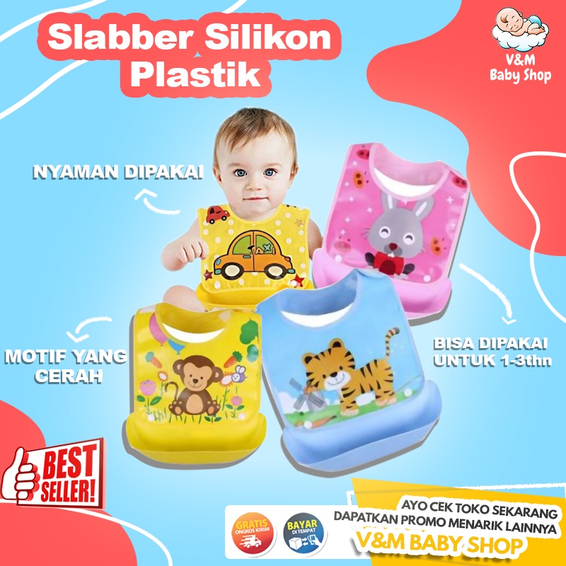 VnM010 | Celemek Makan Bayi Anti Air Waterproof / Slabber Silikon Plastik / Perlengkapan Makan Bayi