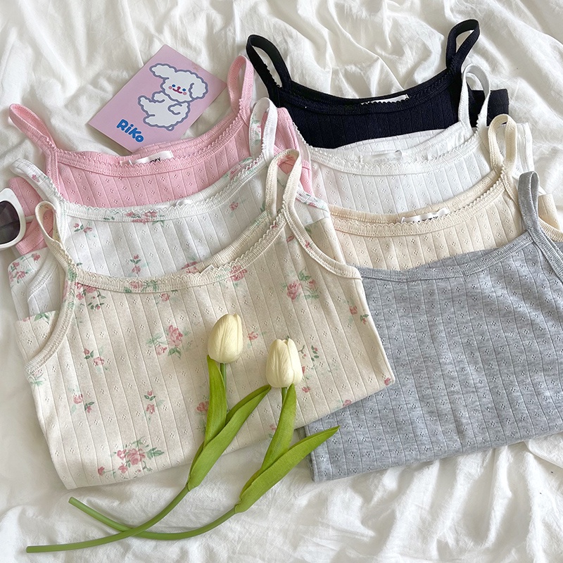 Musim panas gadis keinginan murni warna krim berongga kecil bunga budidaya diri semua-cocok bottoming kamisol kecil