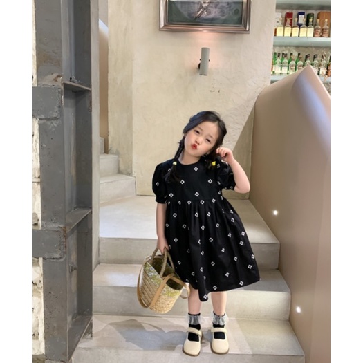 DRESS BUNGA 4 DAUN HITAMPUTIH baju dress tutu anak perempuan set import