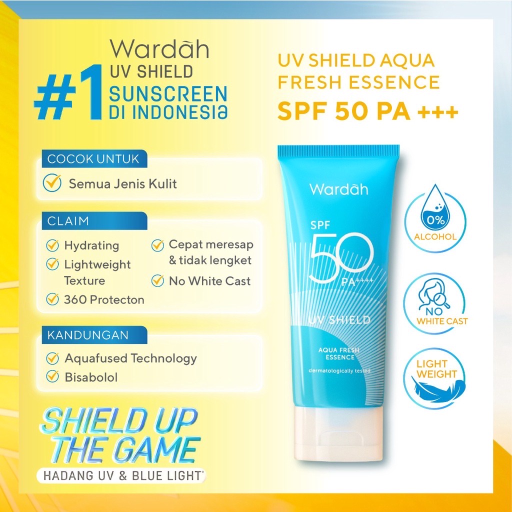 WARDAH UV Shield Aqua Fresh Essence SPF 50 PA++++ Indonesia / Sunblock Wajah 30ml / Hydrating Sun Care Sunscreen Tabir Surya UVA UVB Blue Light Protection Protector Protect Pelindung Sinar Matahari Kulit Tubuh / Gel Serum Stick Cream Lotion Skincare Face