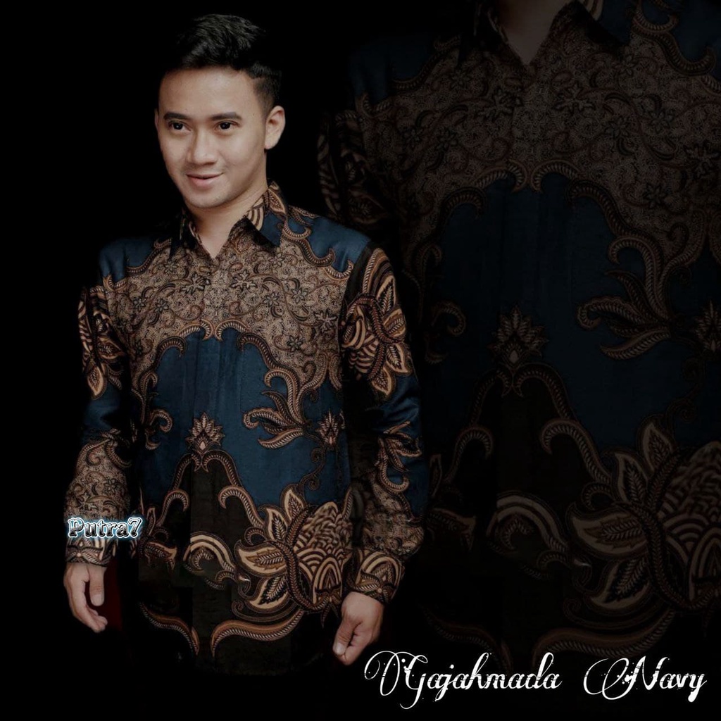 Batik Pria Lengan Panjang BATIK pria kekinian HRB026 motif KERATONAN Kode 002 size M L XL XXL 3L 4L 5L 6L Reguler-KMJ GAJAHMADA NAVY