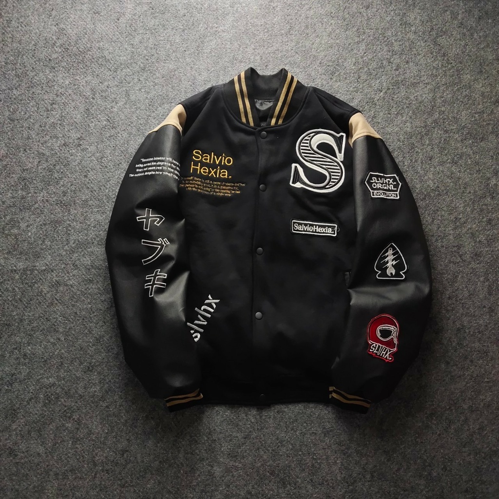 Jaket Varcity Original Bordir Jaket Varsity Bahan Leather Premium Jaket Varcity  HITAM LEATHER Nasca