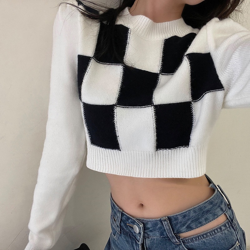 MOOGU ♡ Atasan crop top wanita rajut kotak-kotak kontras korea