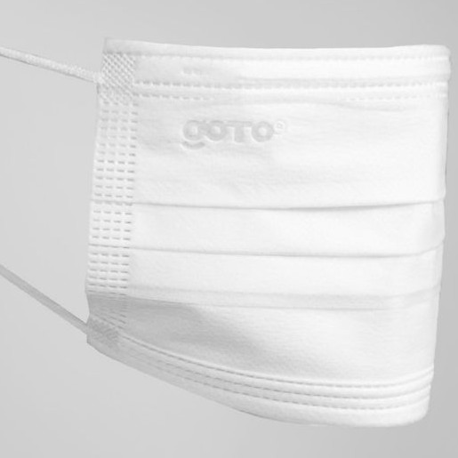 Masker 3ply Earloop GOTO putih Original ada emboss bahan bagus berkualitas pengiriman dari Medan