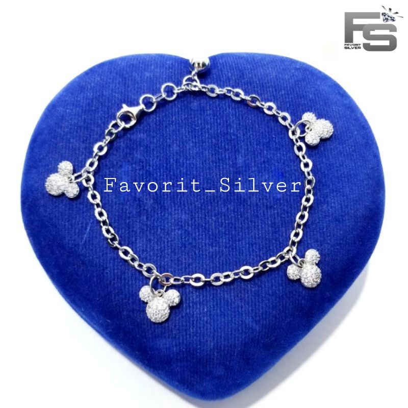 GELANG PERAK ASLI SILVER 925 LAPIS EMAS PUTIH DEWASA MODEL RANTAI NORI GANTUNGAN MICKEY MOUSE - PERH