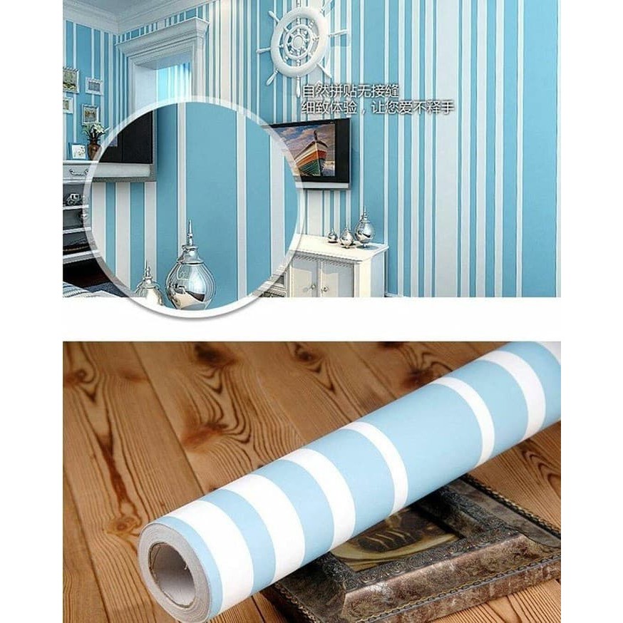 Wallpaper Dinding Motif Garis Putih Biru Ukuran Panjang 10Meter x Lebar 45Cm