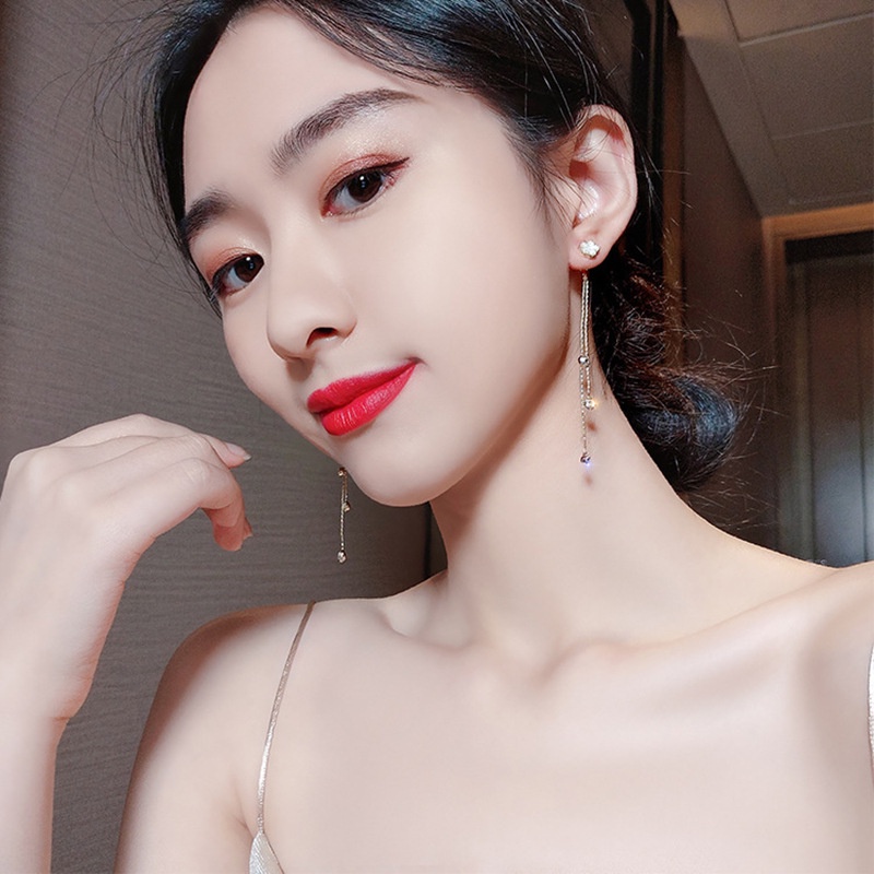 Sterling silver jarum gaya Korea long drip mengkilap bunga temperamental jumbai internet influencer
