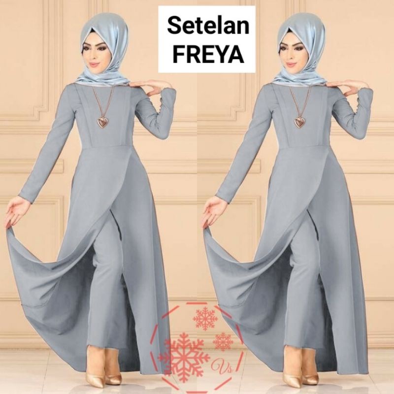 SET CELANA TUNIK FREYA, MOSCREPE, GAMIS HIJAB MUSLIM, SETELAN, 4 UKURAN