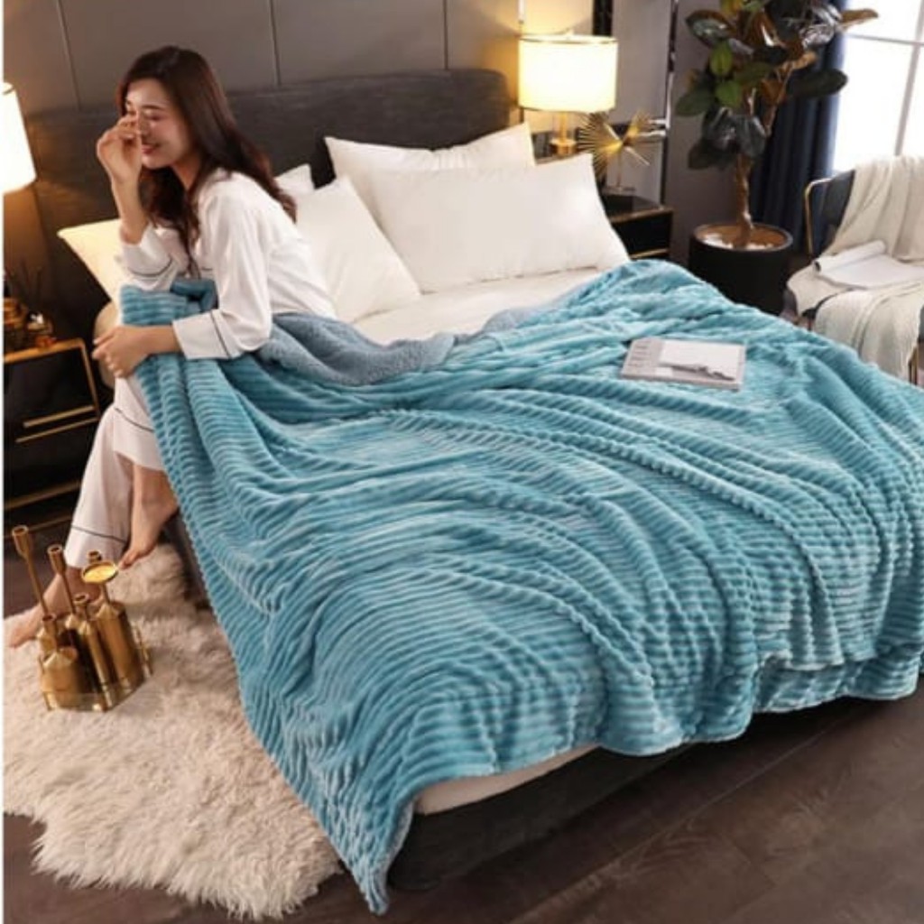 Selimut Dewasa Polos Salur Jumbo Selimut Bulu Tebal Lembut