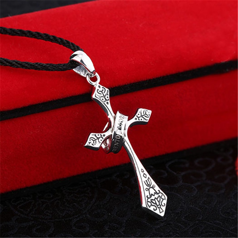 [Ready Stock]Fashion Personality Cross Men's Pendant Thai Silver Black Necklace