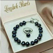 BERSERTIFIKAT SET PERHIASAN GELANG CINCIN DAUN FLEKSIBEL MUTIARA AIR TAWAR LOMBOK FULL MUTIARA HITAM