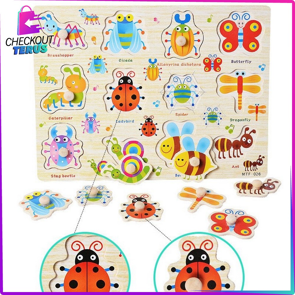 CT M67 M68 Mainan Edukasi Anak Puzzle Kayu Knob Motif Bergambar Mainan Balok Kayu Susun Background Lucu Wooden Toys