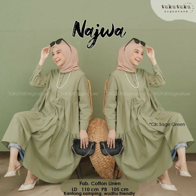 Sage Green Najwa Tunik Ruffle Rempel susun Polos Panjang Jumbo Ld 110 M-XXL Long tunic Katun linen B