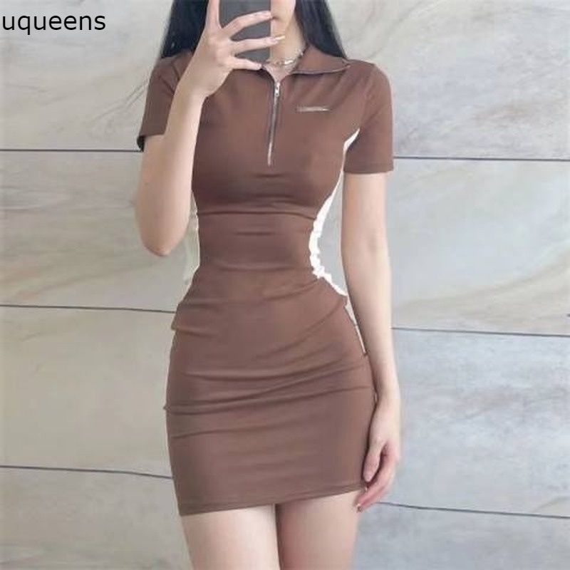 Gaun Bodycon Ritsleting Musim Panas dress Kerah turndown Lengan Pendek