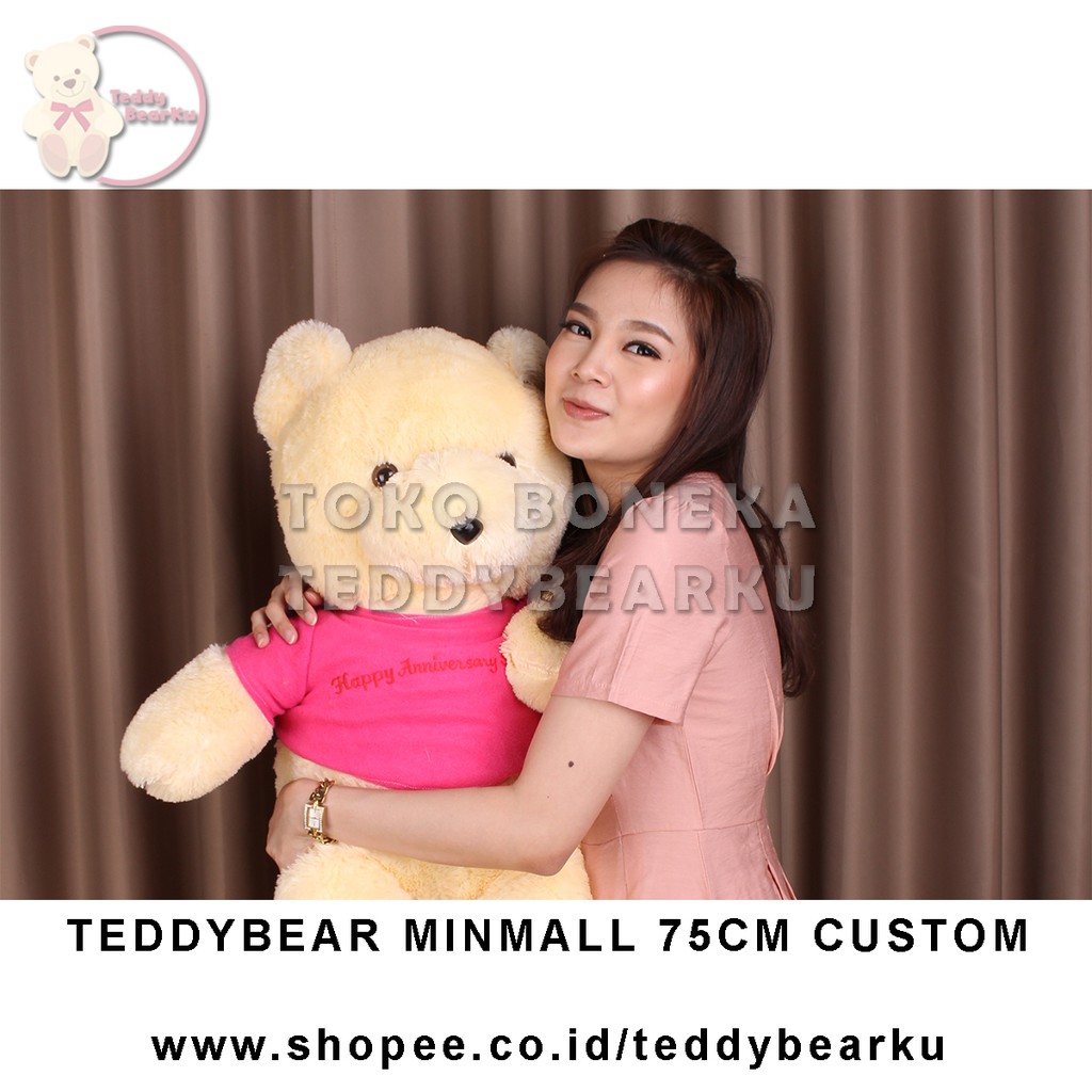 Teddy Bear Cream Baju Pink+ Tulisan Custom Boneka Beruang Mini Mall 75CM XL