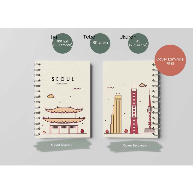 

Buku Jurnal Notebook Jilid Spiral Ukuran A5 Seoul Design Buku Catatan bisa Custom Doff atau Glossy
