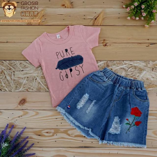 Setelan Baju Anak Perempuan Cewek Kaos Celana Jeans Pendek Import - Size 90, Putih