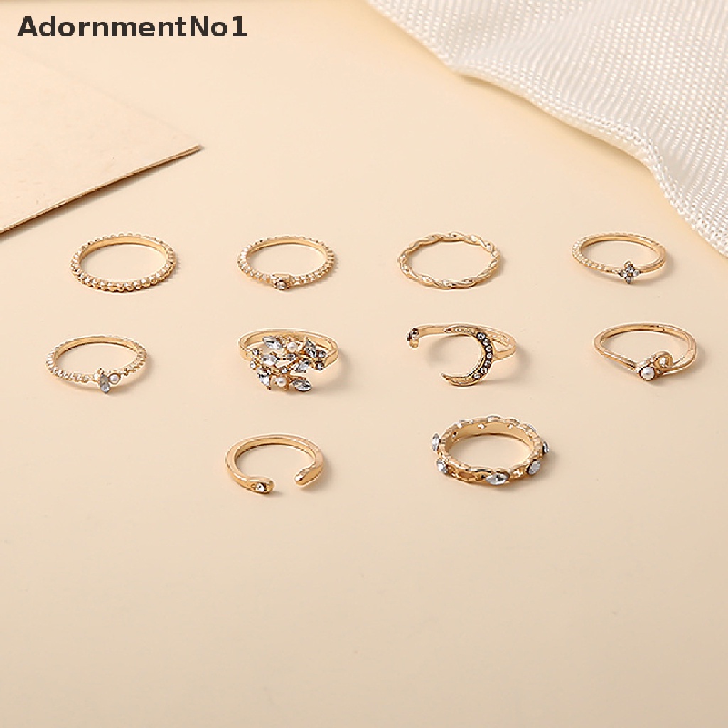 (AdornmentNo1) 10pcs / set Cincin Bentuk Bunga / Daun / Bulan / Bintang / Geometri Aksen Kristal / Mutiara Untuk Perhiasan Wanita