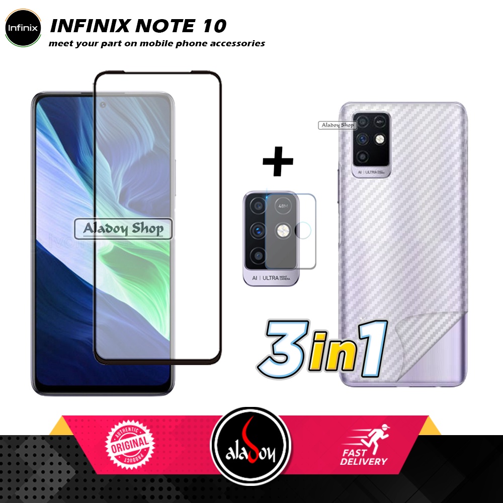 PAKET 3 IN 1 Tempered Glass Layar Infinix Note 10 Free Tempered Glass Camera dan Skin Carbon