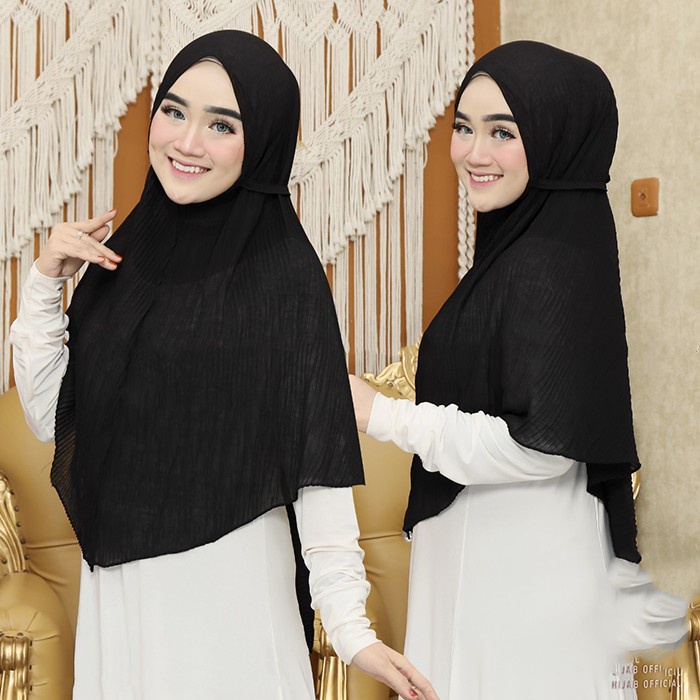 Bergo Plisket Hijab Jilbab Kerudung Khimar Instan Tali Ceruty - Hitam