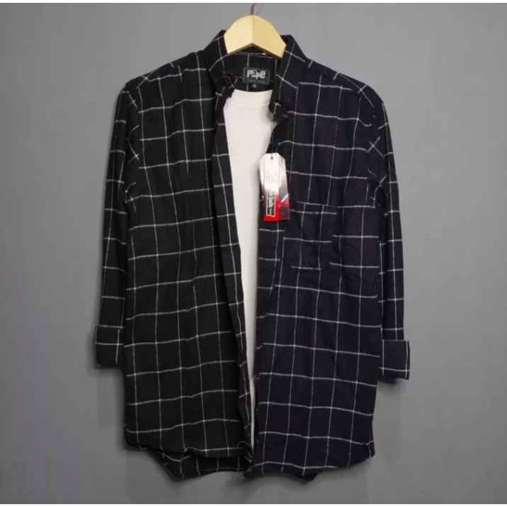kemeja flannel pria lengan panjang / kemeja kantora hitam garis putih