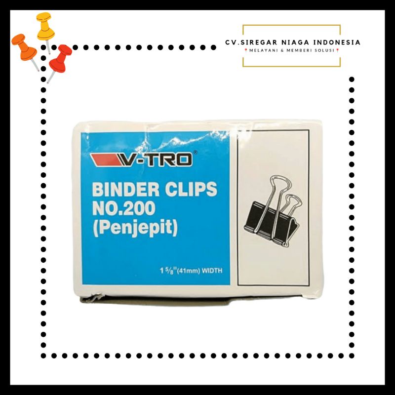 

Binder Clips / Paper Clip / Klip Penjepit Kertas Merk V-TRO Ukuran 41mm No. 200 (1 Kotak Isi 12 Pcs) ORI Murah Berkualitas