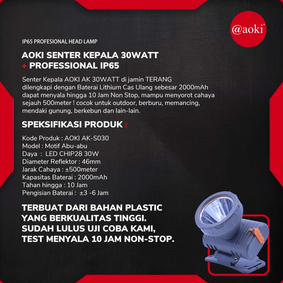 COD SENTER KEPALA LED PROFESSIONAL HEADLAMP 30 WATT AOKI AK-S030 CAHAYA PUTIH 2000mAh