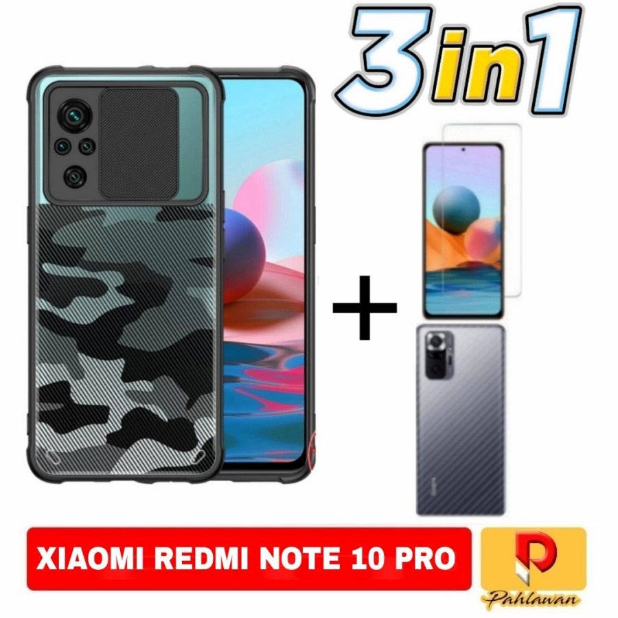 PAKET 3 IN 1 Case Xiaomi Redmi Note 10 Pro Fusion Sliding Army