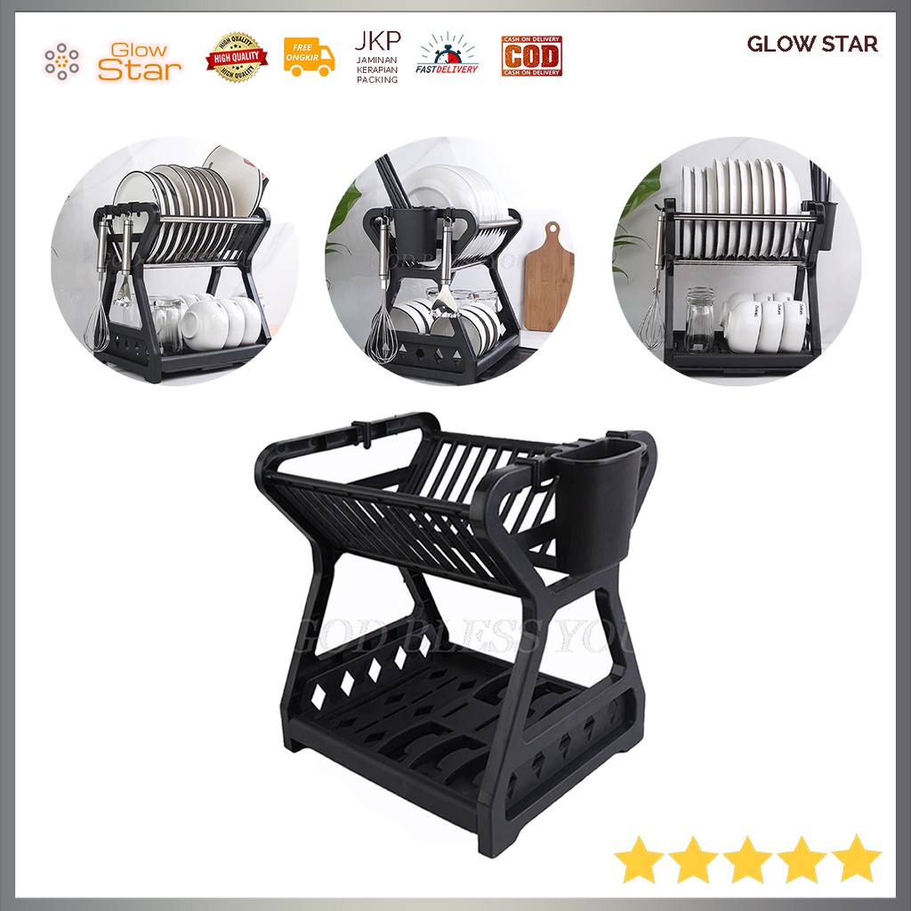 Rak Piring Susun 2 Plastik Tebal Gelas Pengering Drainer Kitchen Dish Rack 2 layer hitam mangkok sendok pisau