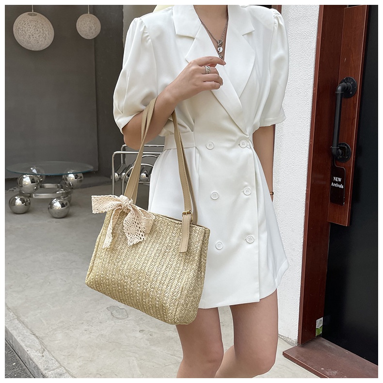 Drozenb Tas Tote Wanita Bahan Anyam Jerami Model Korea Pita Coklat/Totebag Fashion Korea Bahan Anyaman/Tas Anyaman Korea Pita/Tas Casual Korea Anyaman