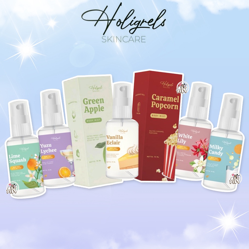 HOLIGRELS BODY MIST PARFUME 75ML ( ORGINAL CAKE / OCEAN / GREEN APPLE / CAFFEINE / LIME SQUASH / MILK CANDY / VANILLA ECLAIR / VERY BABY / WHITE LILY / YUZU LYCHEE / CARAMEL POPCARAMEL )