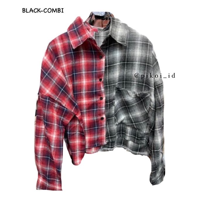 Crop top flanel wanita / kemeja flanel cewek / kemeja kotak flanel kombinasi hem flanel wanita combi