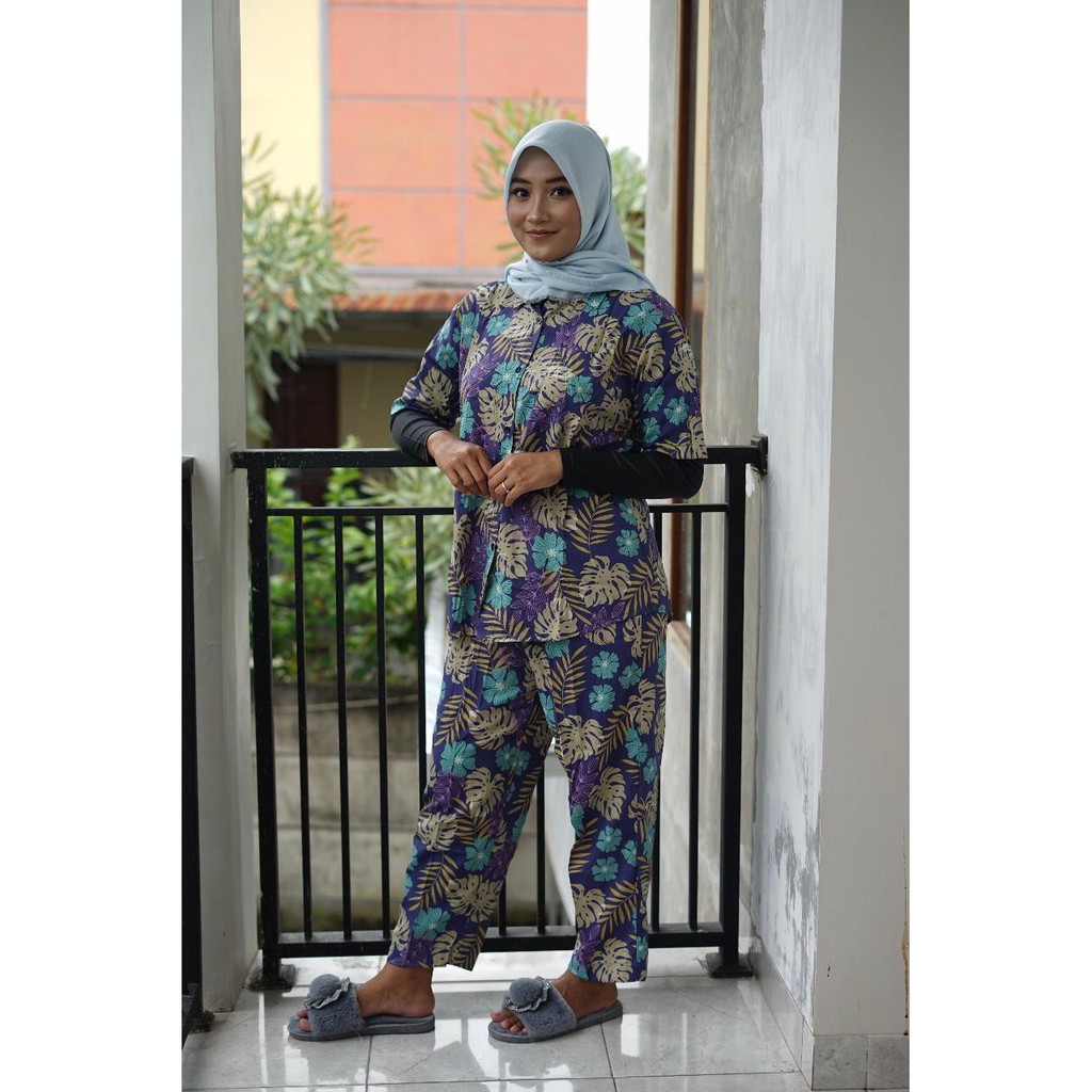 pajamas motif set celana tangan pendek kekinian piyama wanita katun rayon