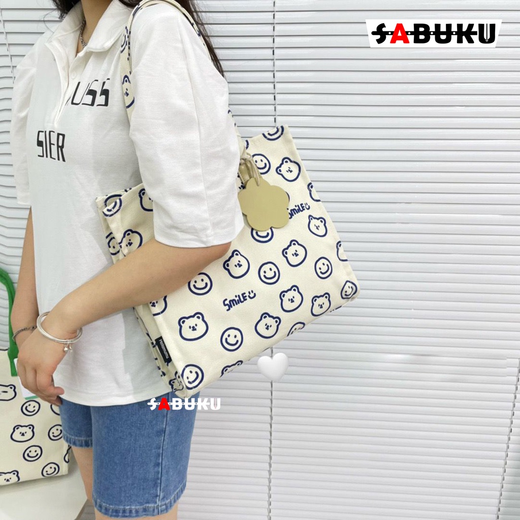 Tas Selempang Fashion Wanita Korea Totebag SMILE Bahan Kanvas Resleting Motif Carakter Korea Style Multifungsi -253