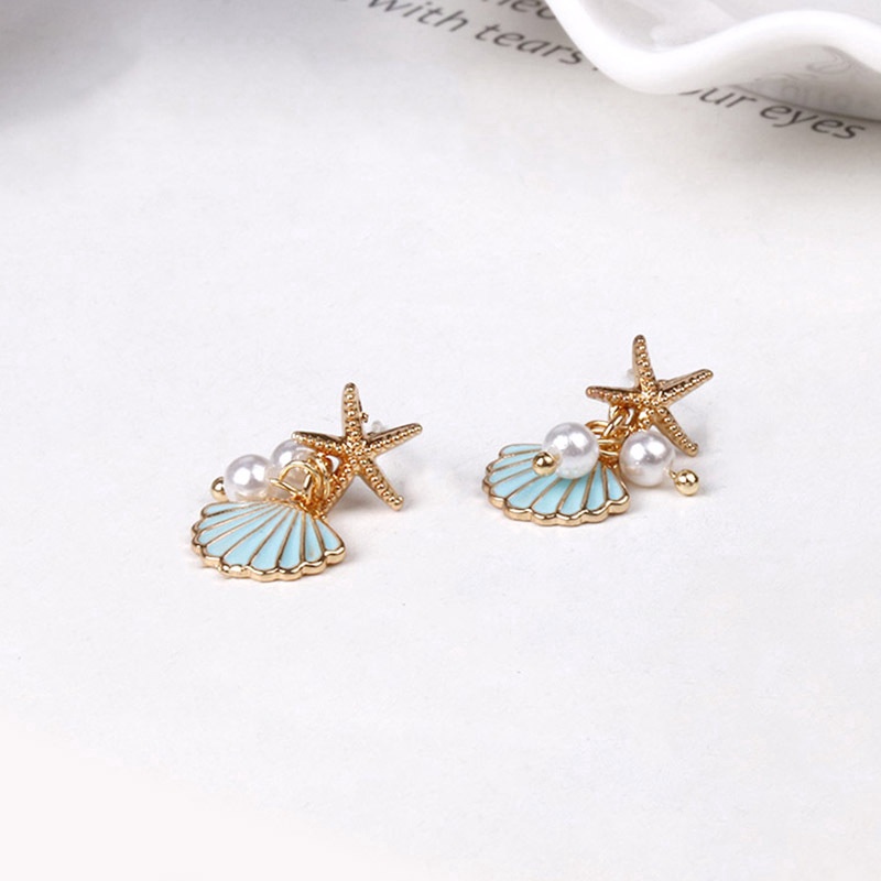 Anting Stud Desain Bintang Laut Kerang Aksen Mutiara Bahan 925 Silver Gaya Korea