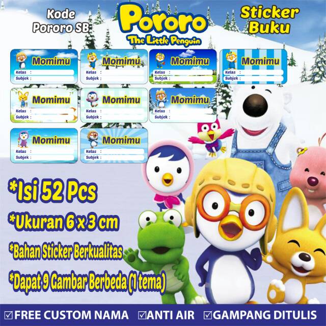 

Stiker/Sticker/Label Buku Pelajaran Anak/Remaja Custom Motif Pororo