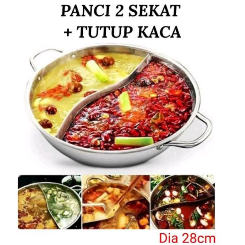 [ BISA COD ] Panci Shabu 2in1 Tutup Kaca Panci Suki Pan Hotpot Steamboat Sabu Kuah 2 Sekat Stainless Steel 28cm