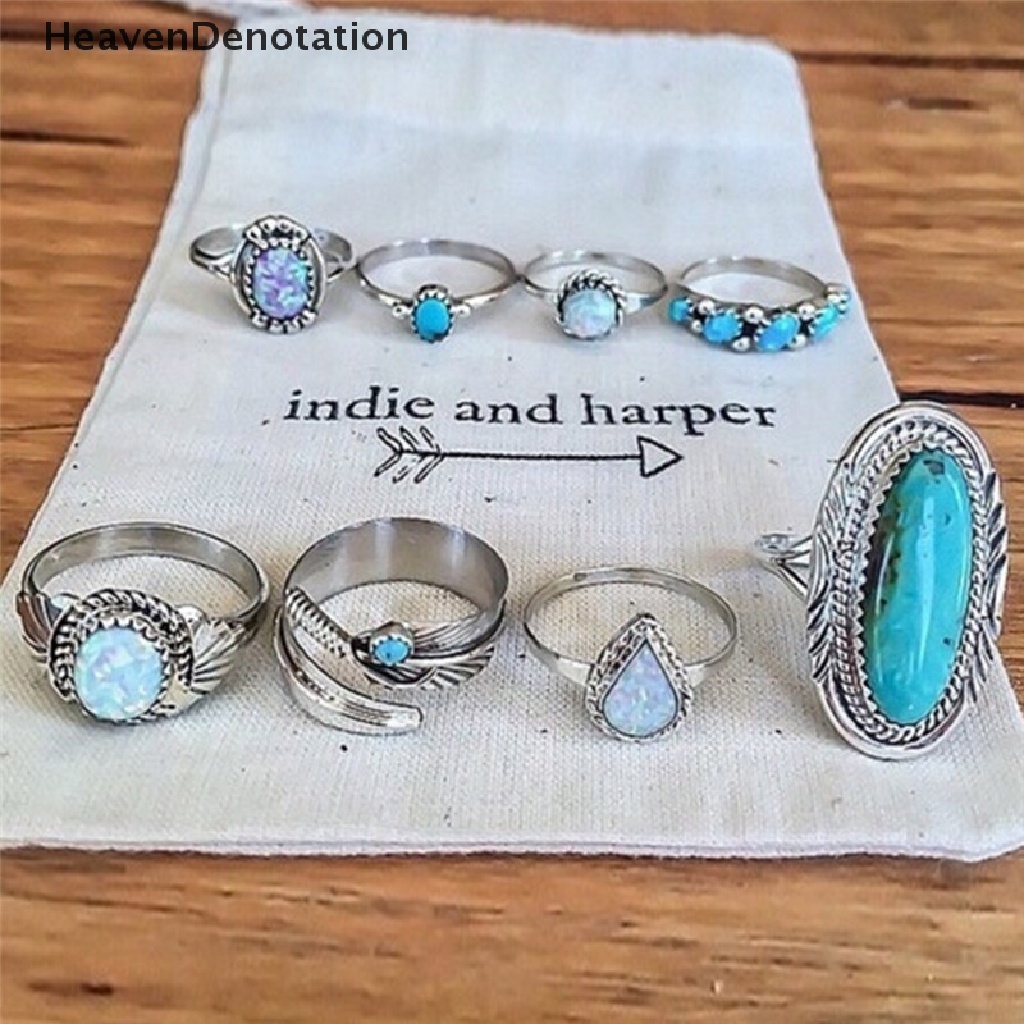 [HeavenDenotation] 8PCS/Set Bohemian Women Silver Turquoise Finger Rings Opal  Rings Wedding Gift