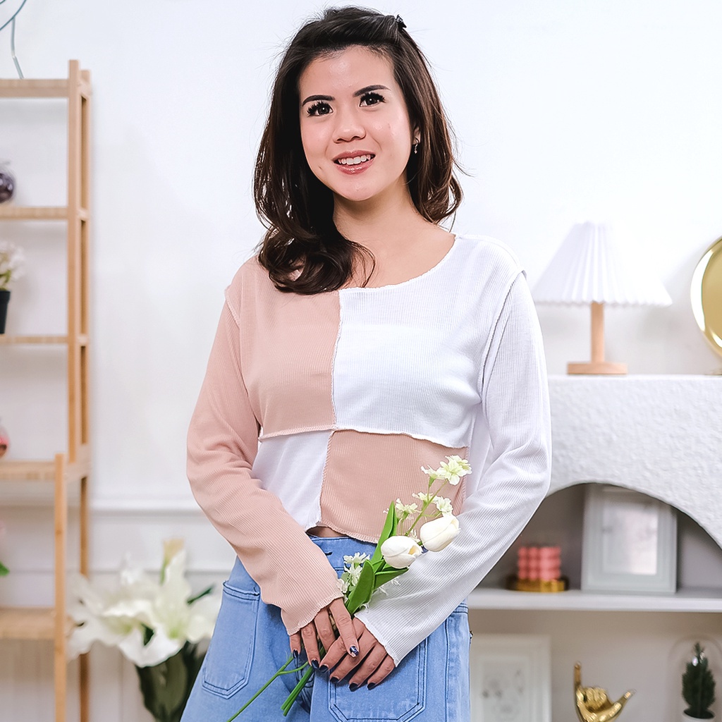 Weijia Fashion OOTD Atasan Wanita BYUNIE / Youka Front Crop Combine Top RIB PREMIUM / Blus Combinasi