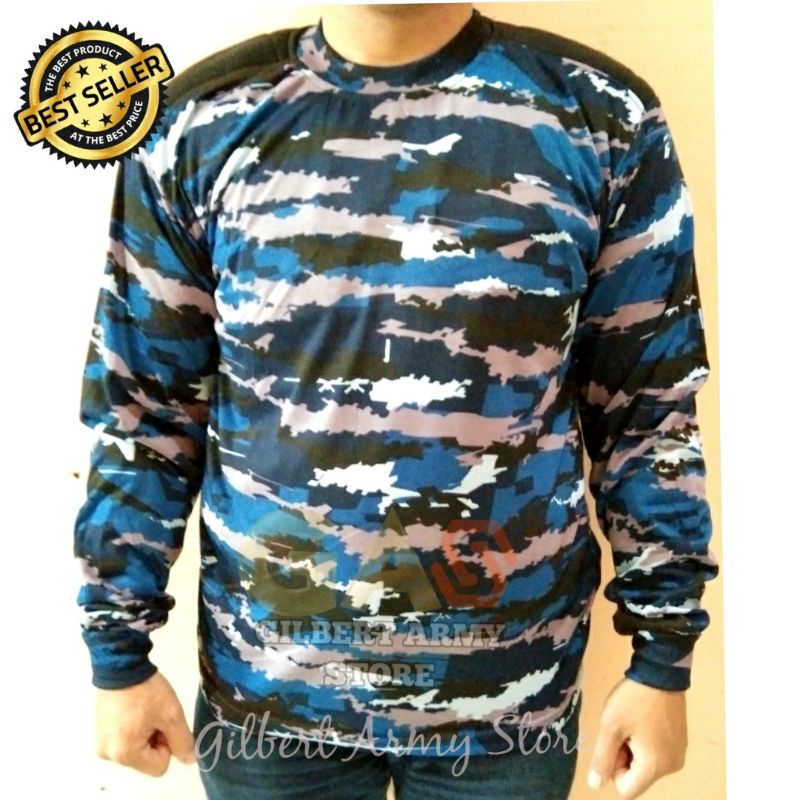 GILBERT ARMY STORE GROSIR Kaos Loreng Tni Au Auri Biru Lengan Panjang Sniper Dekker Busa Bantalan siku Variasi Tshirt Distro Militer Murah Asli Original