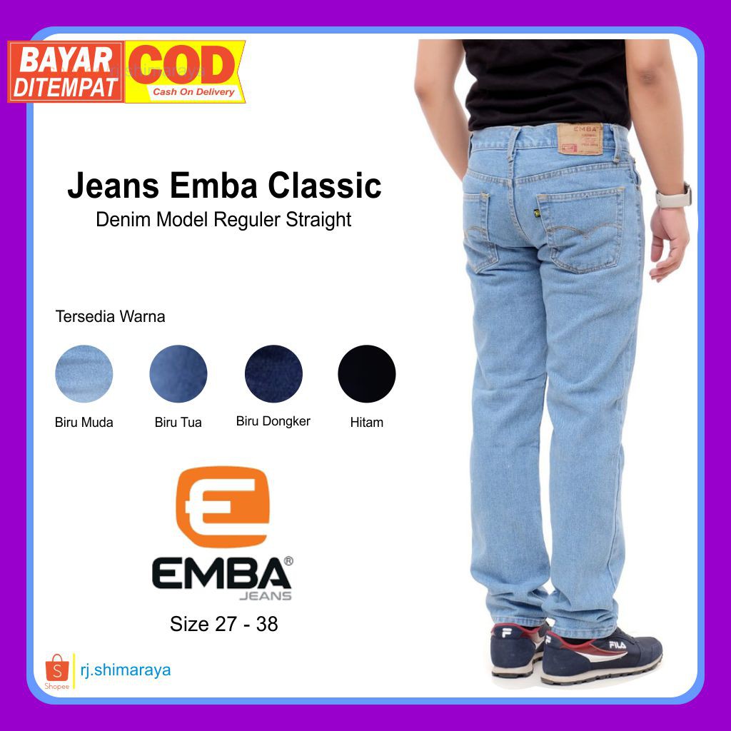 Celana Jeans Panjang Pria Original EMBA Model Reguler Straight  Cowok Slim Fit Jeans Hitam Murah