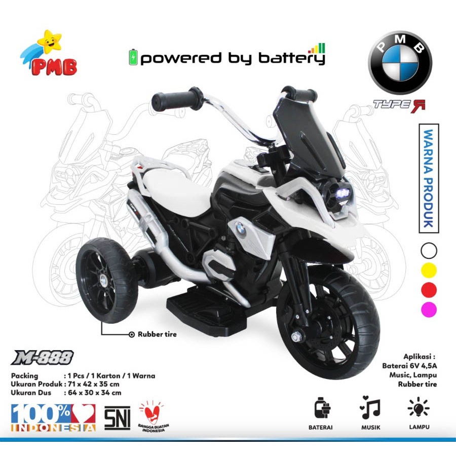 Sepeda Motor Aki Anak PMB TOYS Type M888 (Aki Batre) Mainan Anak Trycicle Garansi SNI-White