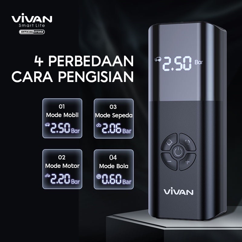 VIVAN VTI02 Pompa Ban Mobil Portable Inflator Tire Elektrik LCD Display Air Compressor Mini Serbaguna Garansi Resmi 1 Tahun