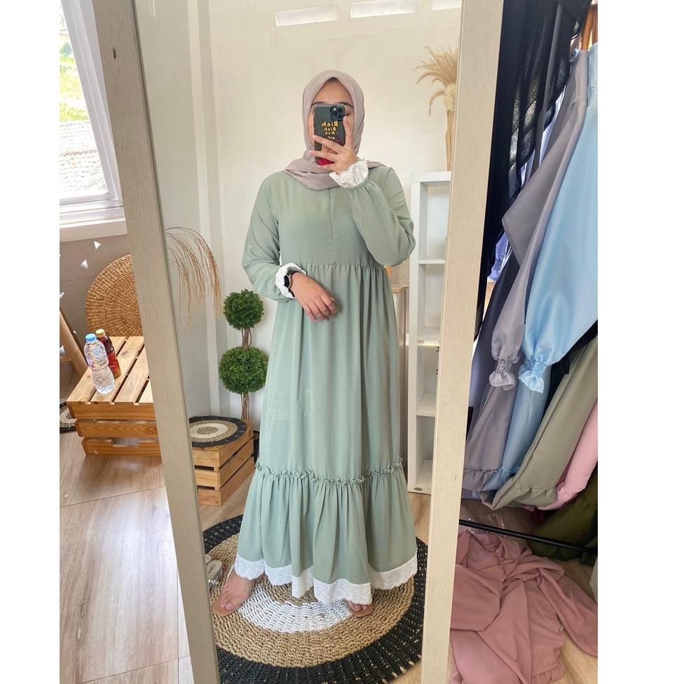 [EU.14My22ᴾ] Erza Long Dress Gamis Polos 2 susun Bahan Wolfis Wolpeach Combain Renda Original  REALP