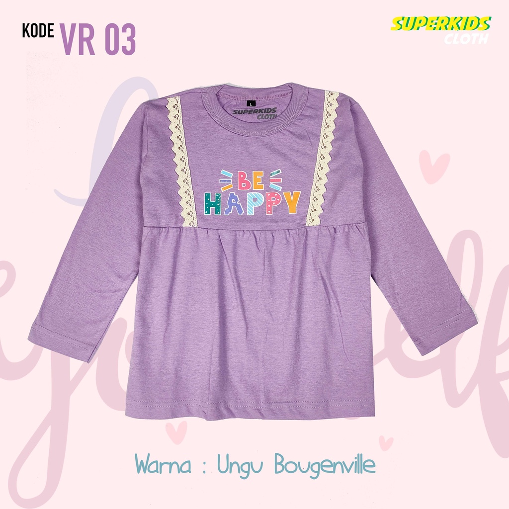 BAJU ANAK PEREMPUAN / KAOS ANAK PEREMPUAN / PAKAIAN ANAK CEWEK KAOS ANAK CEWEK LENGAN PANJANG VARIASI RAMPEL RUFFLE RENDA UNGU BE HAPPY ECER GROSIR BRAND SUPERKSIDCLOTH 1 - 11 TAHUN