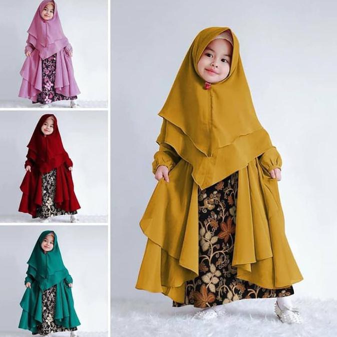 Gamis Anak Kid Madonia Batik Dm Bahan Baloteli Kombi Batik Prada - Merah Muda