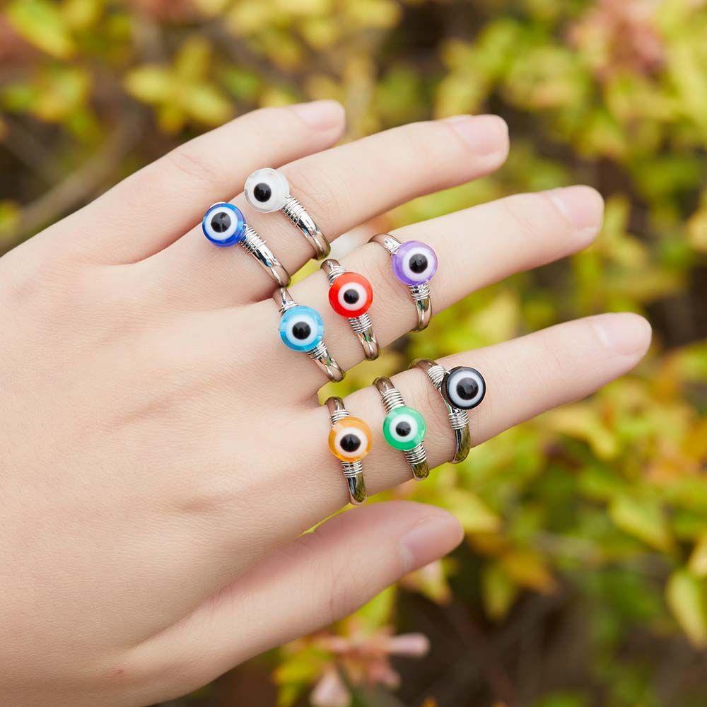 Needway Cincin Mata Biru Wanita Hip Pop Manik-Manik Logam Kaca Biru Logam Bulat Lucky Beads Ring